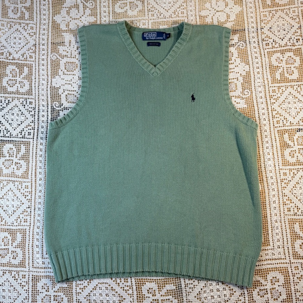 Polo Ralph Lauren Mens Green Cotton V-Neck Sweater Vest Medium Navy Pony Logo